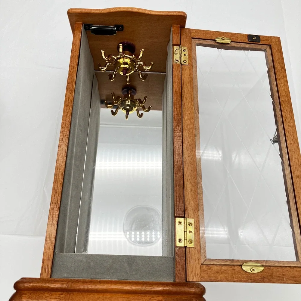 Vintage Wood Jewelry Armoire 14in Brown Etched Glass Rotating Carousel